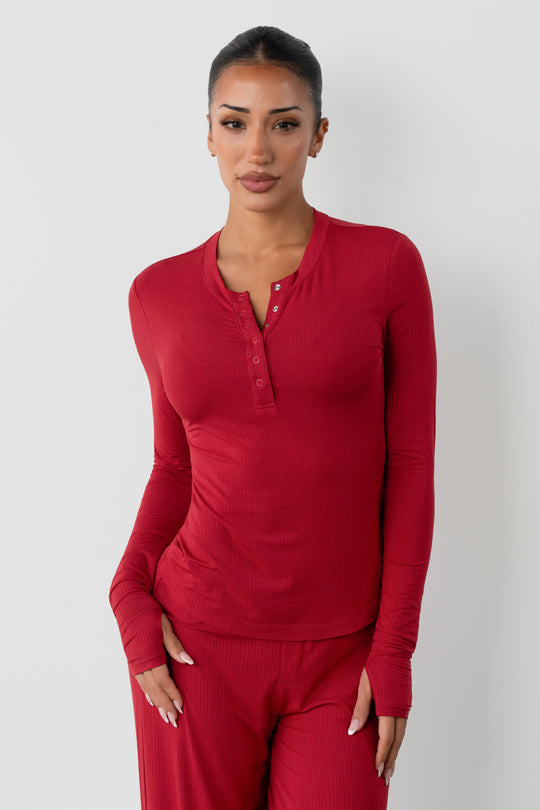 Vitality Float Rib Henley Top - Crimson